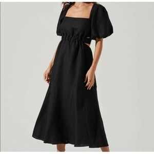 ASTR The Label Black Linen Blend Jelena Cutout‎ Puff Sleeve Midi Dress Size M